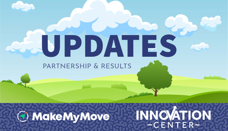 Rural landscape featuring 'UPDATES' and 'PARTNERSHIP & RESULTS' with MakeMyMove and Innovation Center logos.