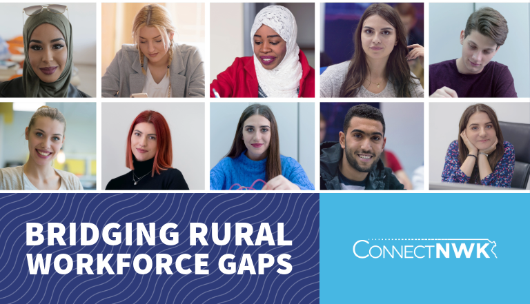 This collage of diverse young professionals highlights the initiative to bridge rural workforce gaps. Featuring the "Connect NWK" logo, the image reflects the commitment to connecting talent with opportunities.